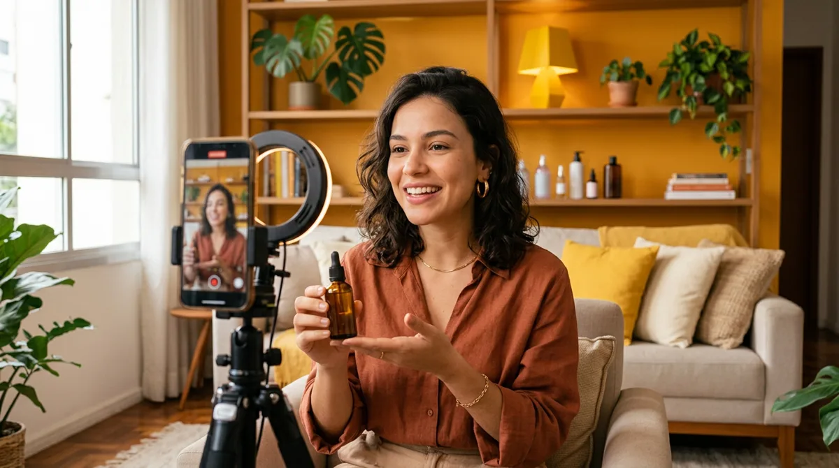 Creator sorridente grava um vídeo vertical com o celular em um tripé com ring light, segurando um frasco de produto, em uma sala com estante e parede amarelas