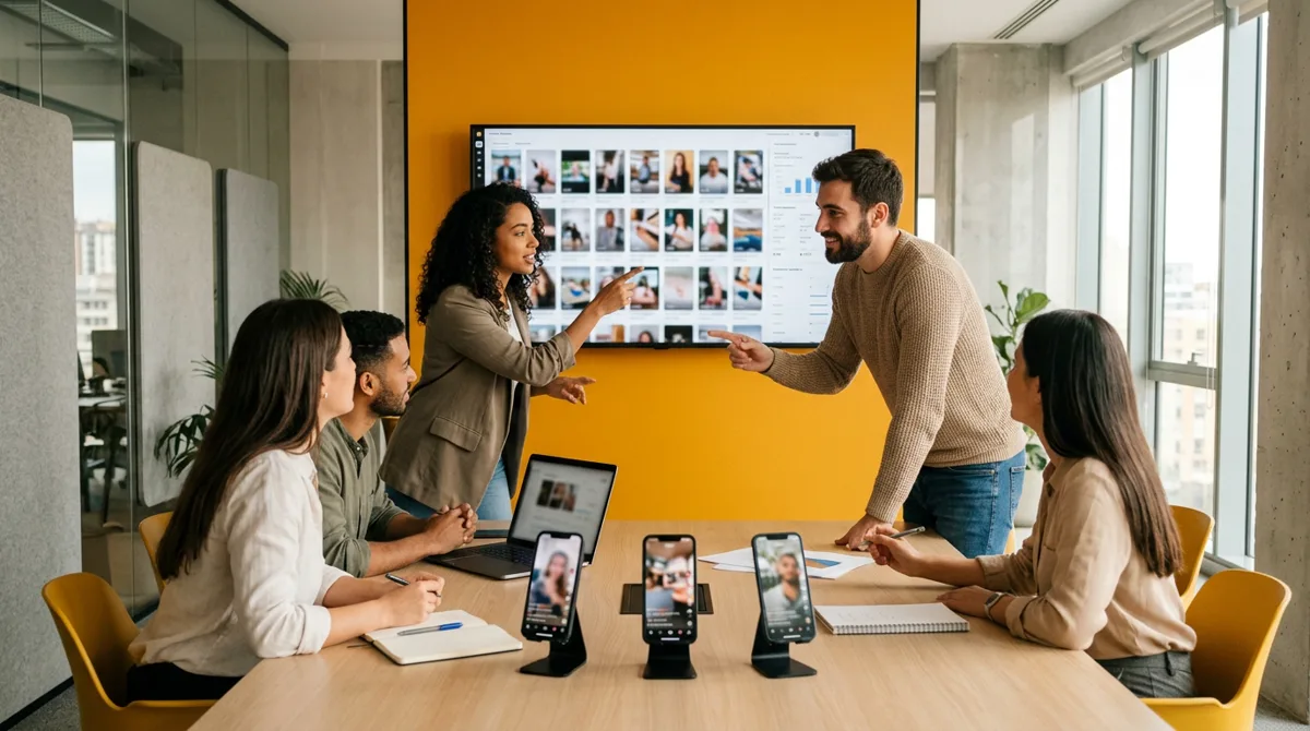 Equipe de agência aponta para um monitor com miniaturas de vídeos verticais e gráficos, com três celulares reproduzindo vídeos sobre a mesa, em uma sala com parede amarela
