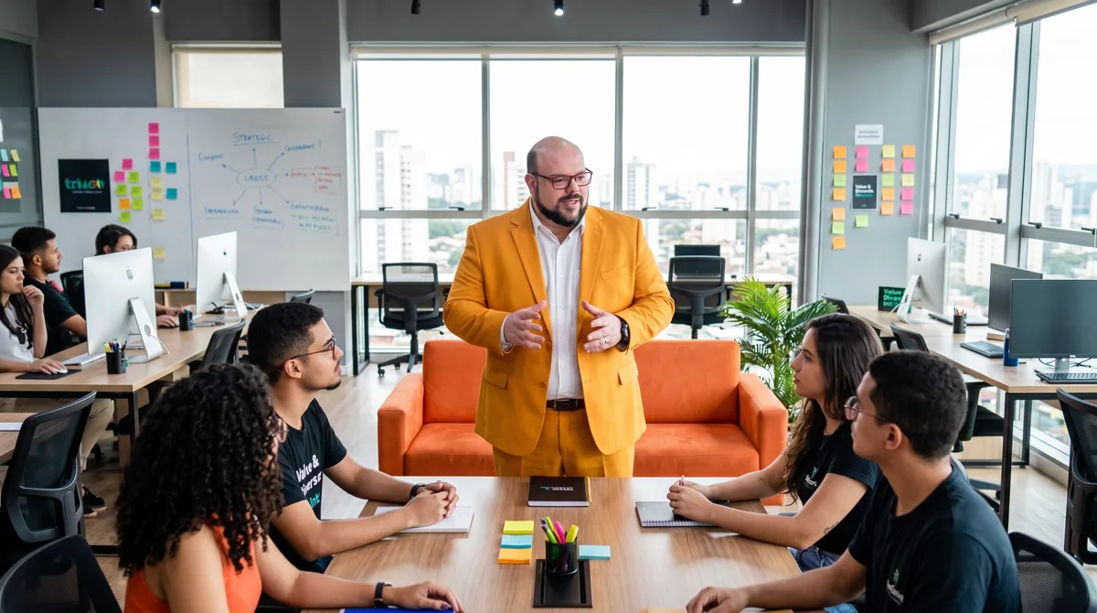 Flávio Sabugo, de terno amarelo, conversa em pé com dois profissionais sentados à mesa de reunião, com post-its e cadernos, em um escritório moderno
