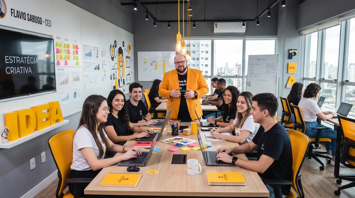 Flávio Sabugo, de terno amarelo, em pé no centro de uma mesa de reunião com a equipe jovem da agência trabalhando em notebooks, com quadros de planejamento ao fundo
