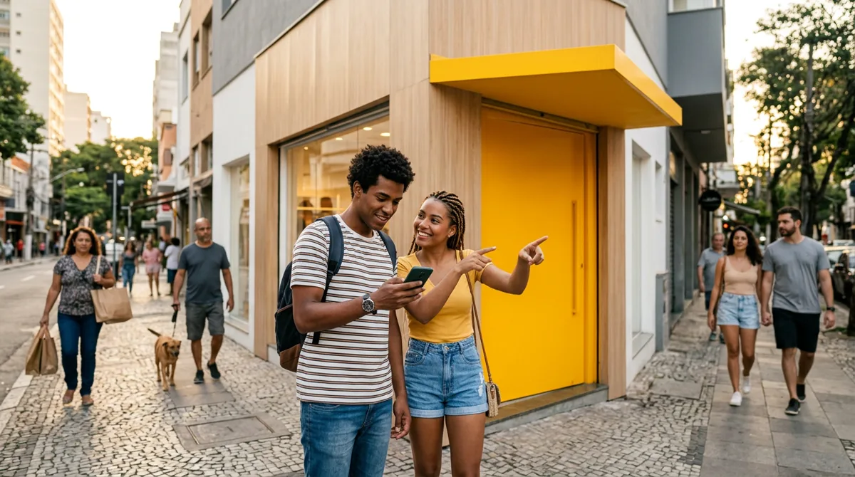 Casal encontra uma loja próxima pelo mapa do celular, exemplo de busca local no Google