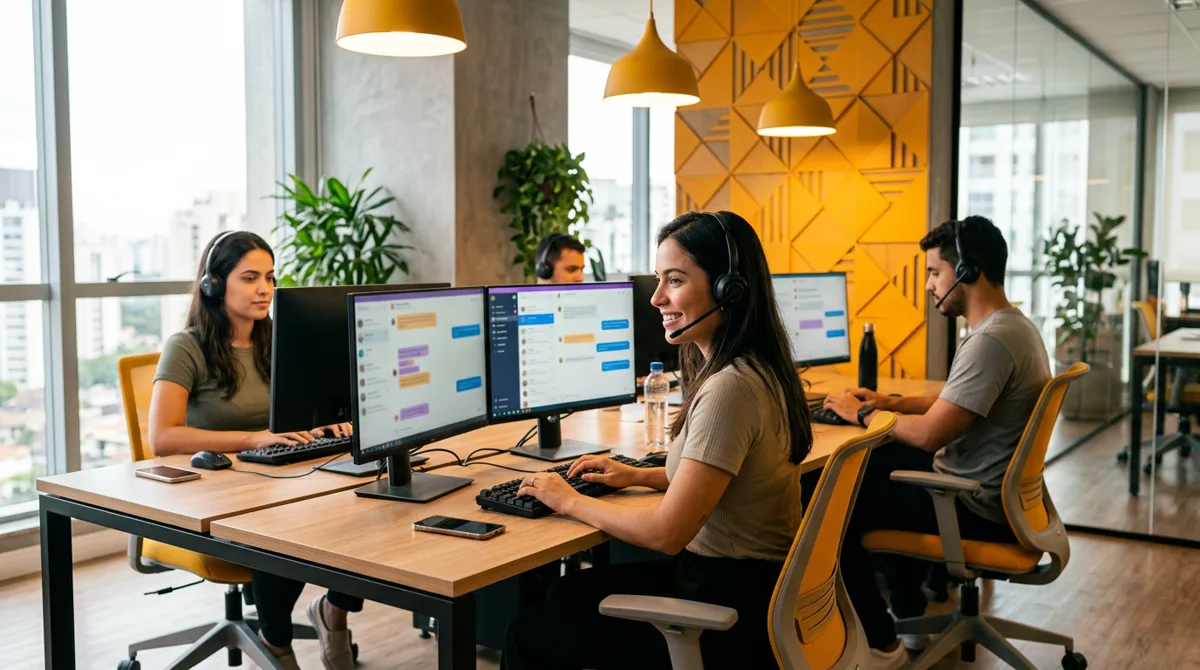 Três atendentes com fones de ouvido em uma central de atendimento moderna, cada um diante de monitores com conversas de chat, parede com painel geométrico amarelo