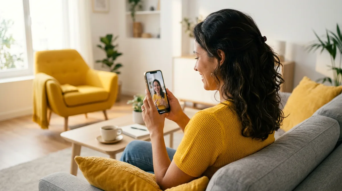 Mulher sentada no sofá assistindo no celular a um vídeo UGC de uma creator parecida com ela