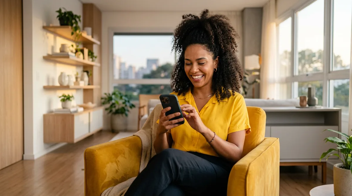 Corretora respondendo rapidamente um lead pelo celular dentro de um apartamento decorado