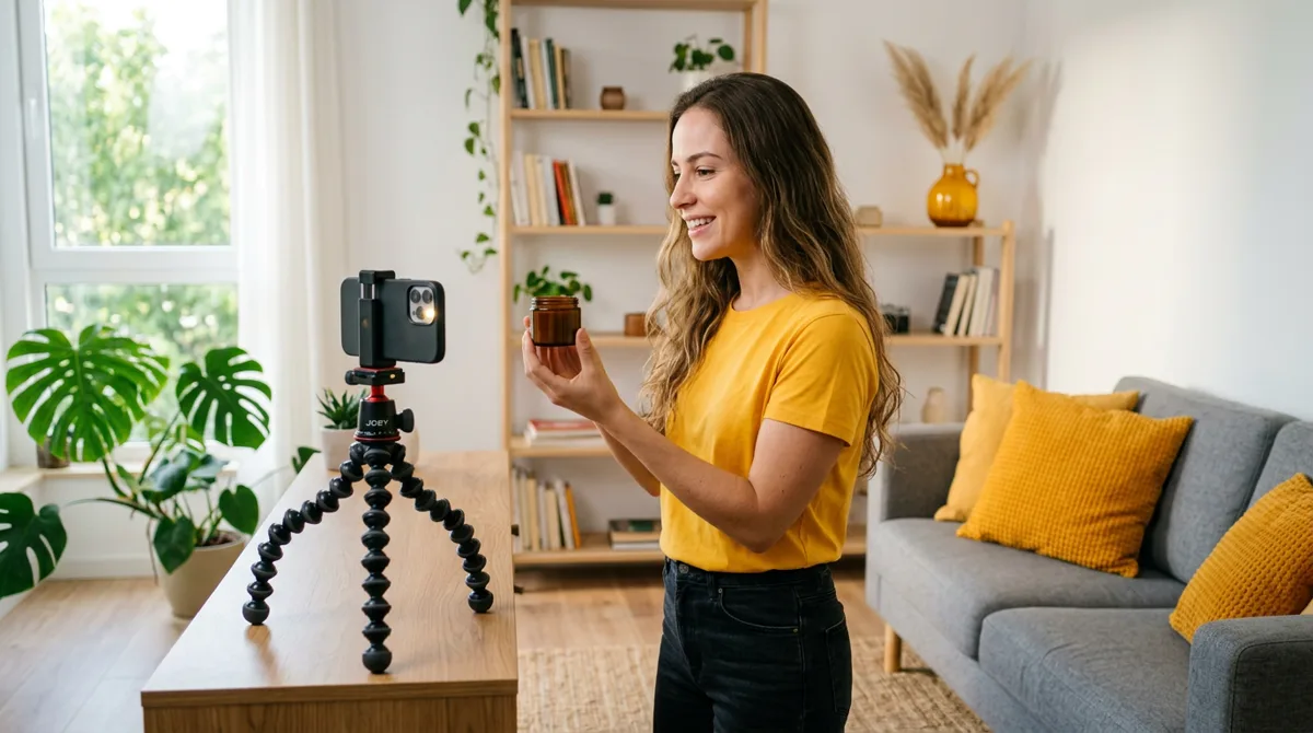 Creator grava vídeo UGC com o celular no tripé mostrando um produto para anúncio
