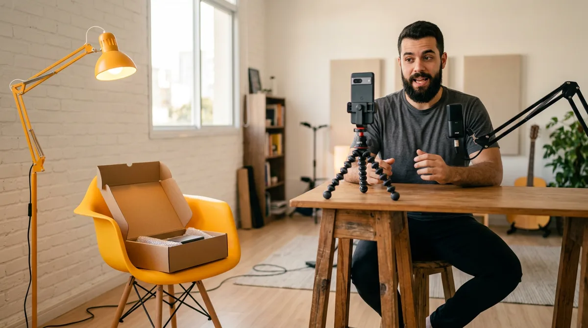 Creator gravando um depoimento em vídeo para anúncio em estúdio caseiro