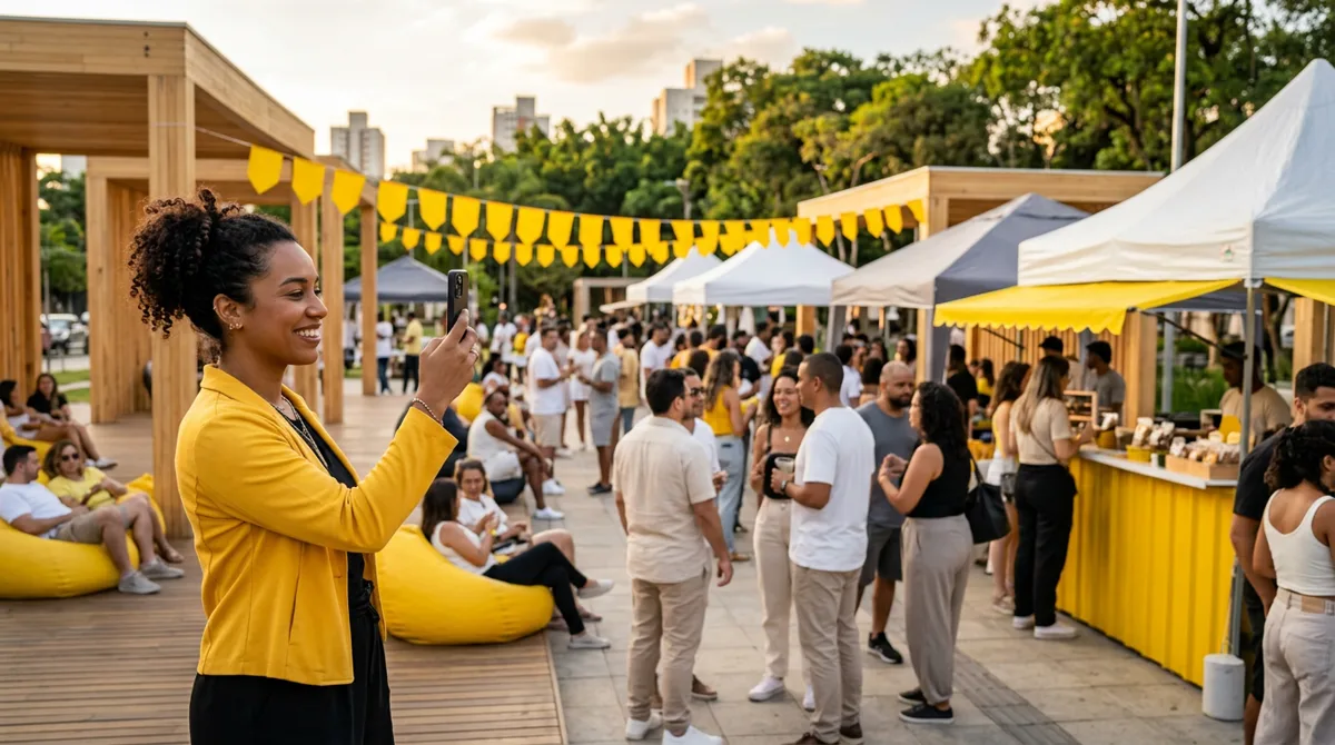 Creator grava vídeo durante evento local de uma loja de bairro, com clientes reunidos na praça