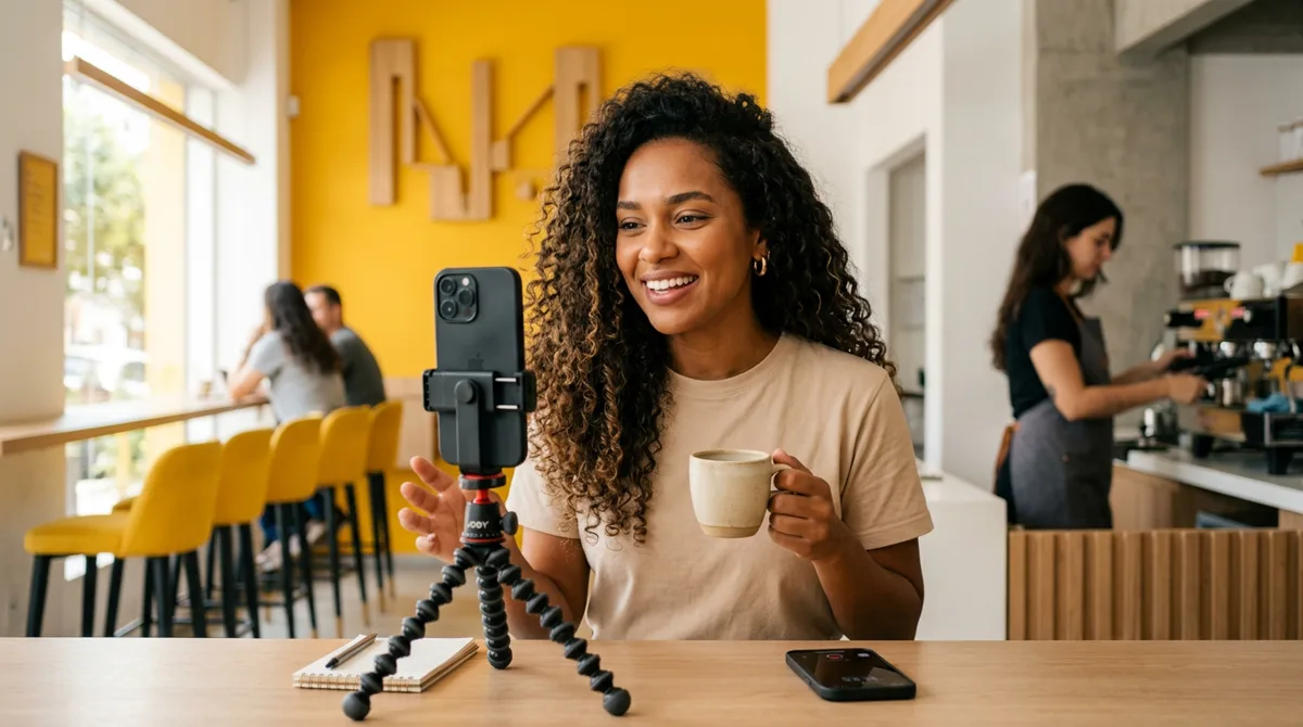 Creator gravando vídeo com o celular no balcão de uma cafeteria moderna