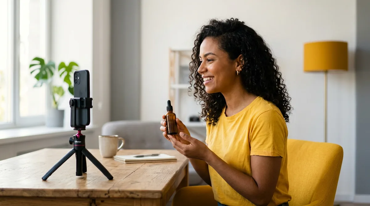 Creator grava vídeo UGC com o celular para ser usado nos anúncios do Instagram