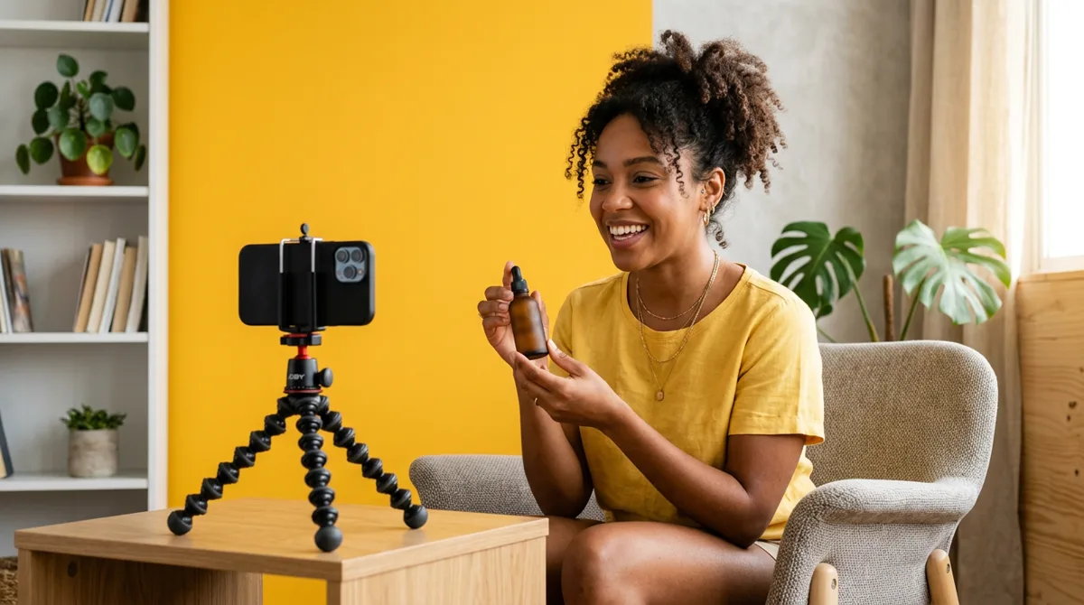 Creator gravando vídeo UGC para anúncio de remarketing