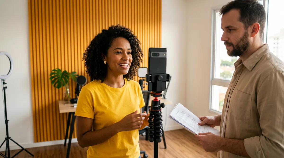 Creator gravando vídeo UGC com roteiro alinhado ao arquétipo da marca, acompanhada pelo empresário