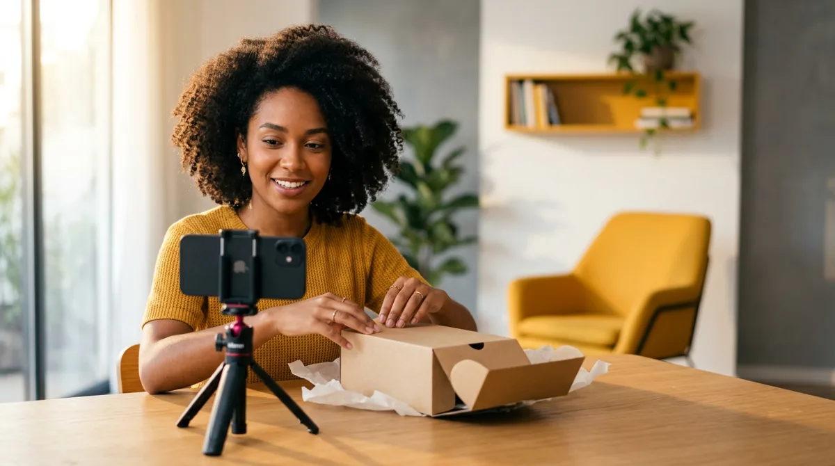 Creator gravando vídeo de unboxing com o celular em uma sala moderna