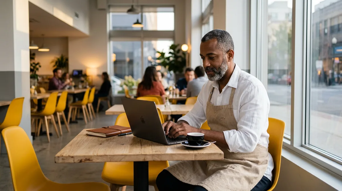 Dono de restaurante lê com atenção os comentários de clientes no notebook para responder às avaliações