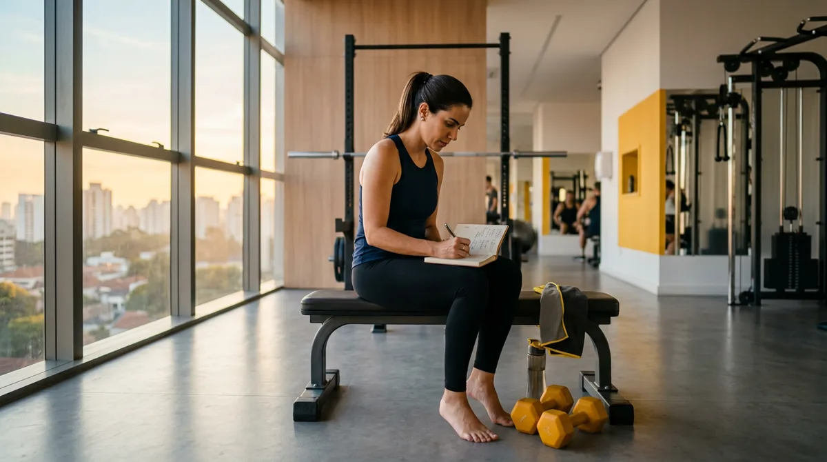 Empresária anota metas em um caderno em uma academia ao amanhecer, inspirada pela disciplina de Arnold Schwarzenegger