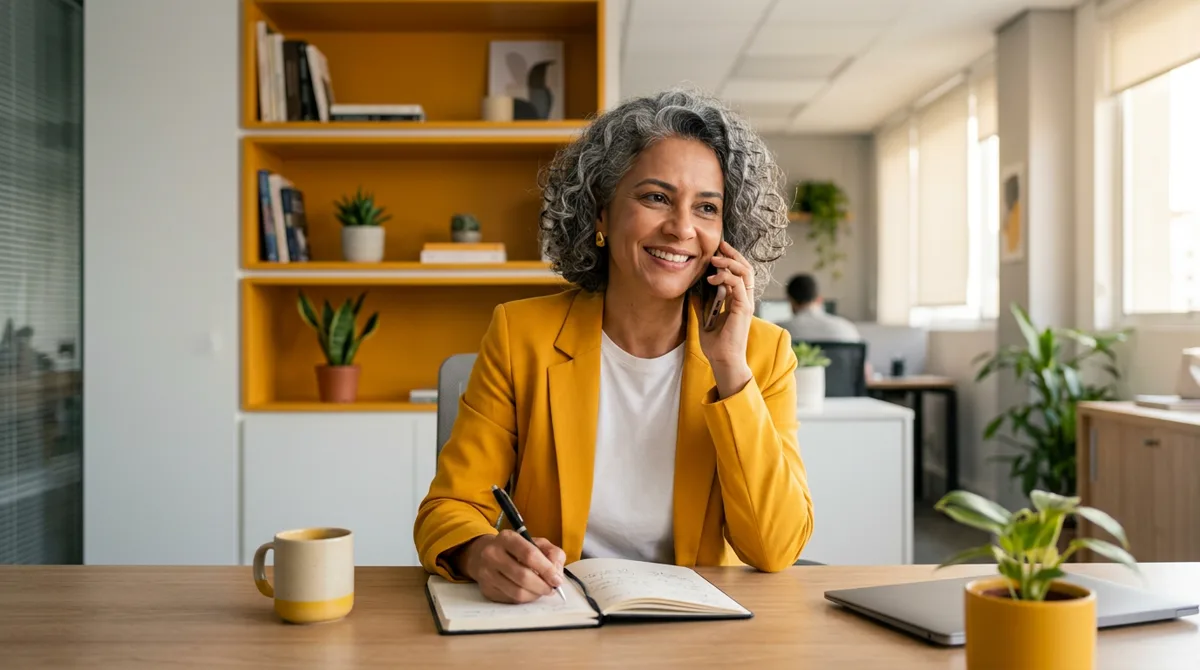 Empresária conversa por telefone com um cliente para resolver um problema de atendimento