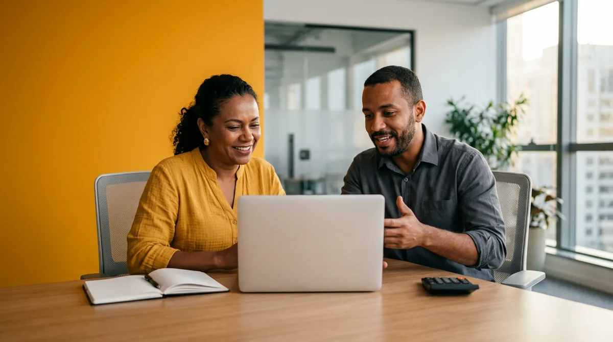 Empresária e gerente de atendimento conferem juntos o volume de mensagens da empresa