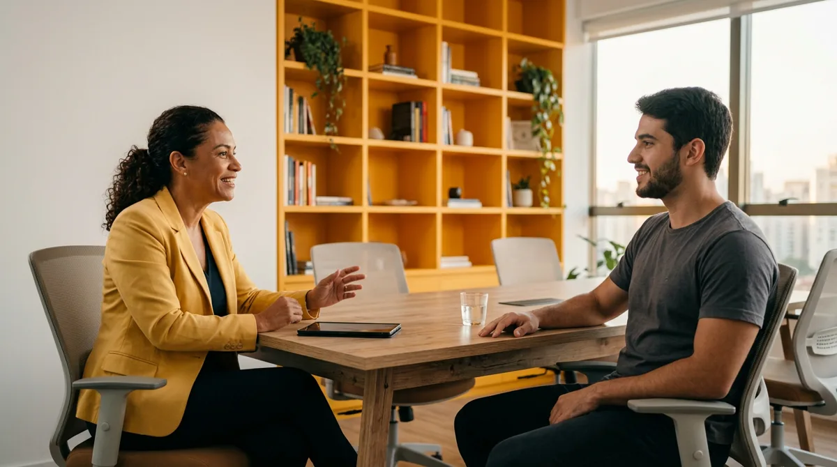 Empresária entrevistando candidato a gestor de tráfego para a empresa