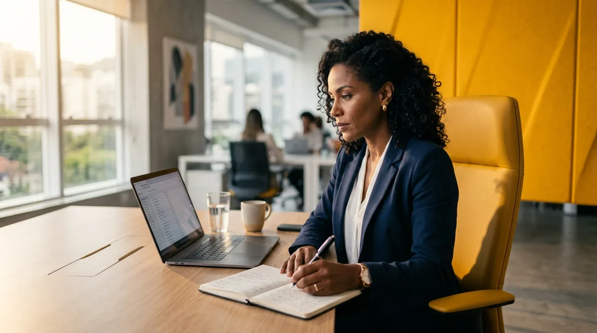 Empresária analisando palavras-chave no notebook para montar uma campanha no Google Ads