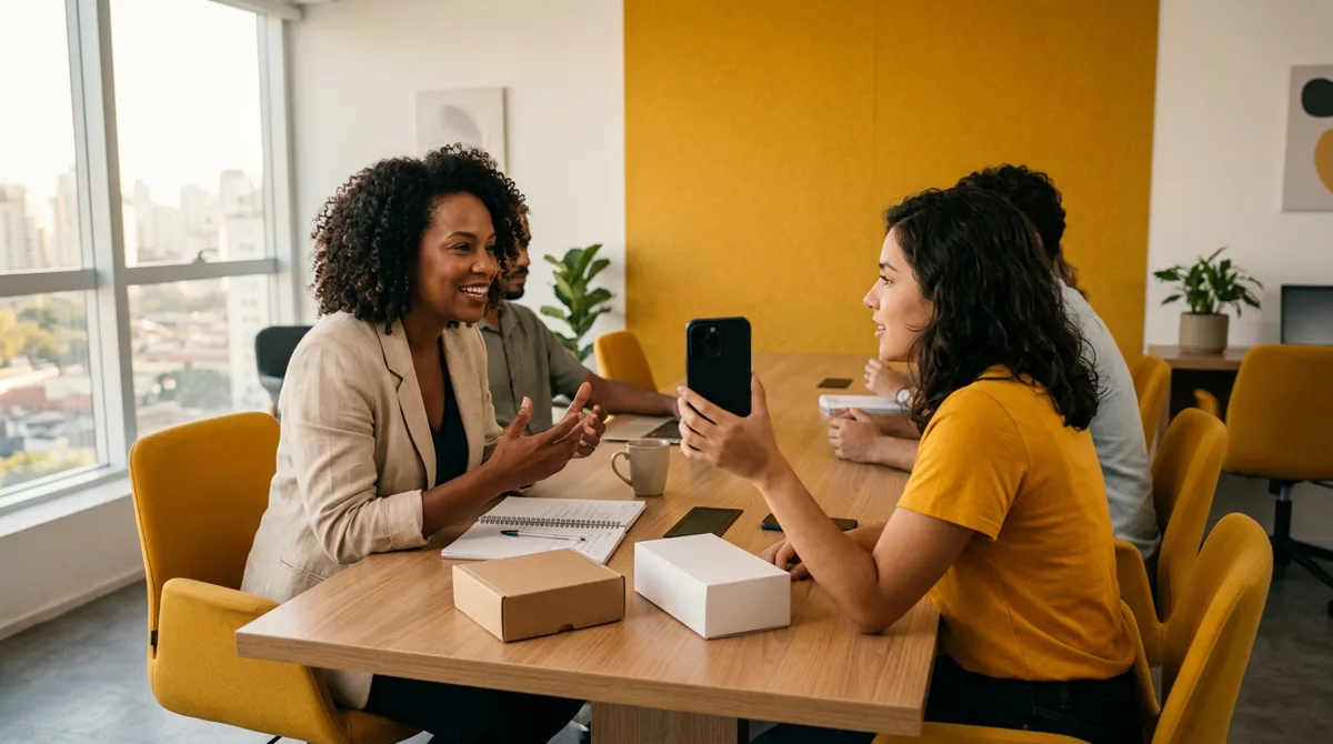 Empresária conversa com creator sobre parceria de marketing de influência em escritório moderno