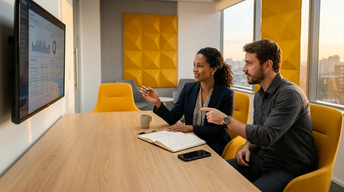Empresária revisando com o consultor da agência o relatório de termos de pesquisa do Google Ads