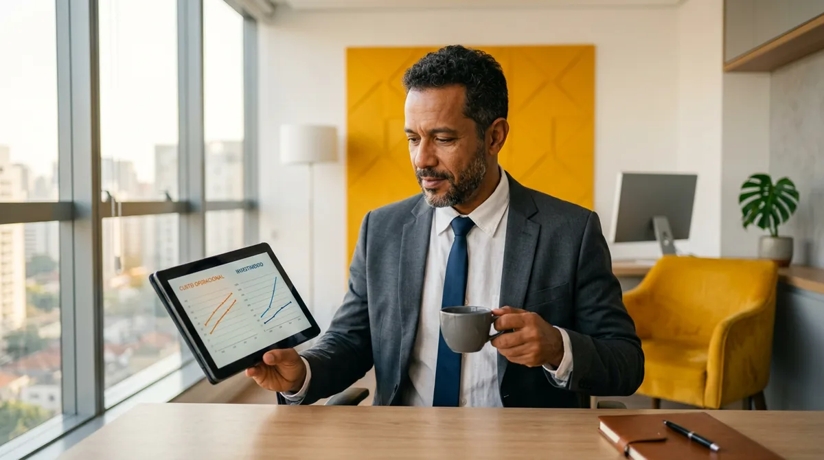 Empresário comparando custos por clique de campanhas no Google Ads em um tablet