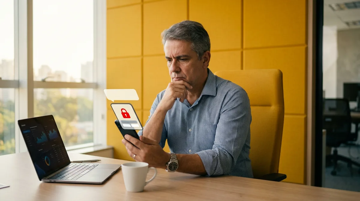 Empresário preocupado, com a mão no queixo, olha para o smartphone que mostra um ícone vermelho de cadeado, em um escritório com parede amarela