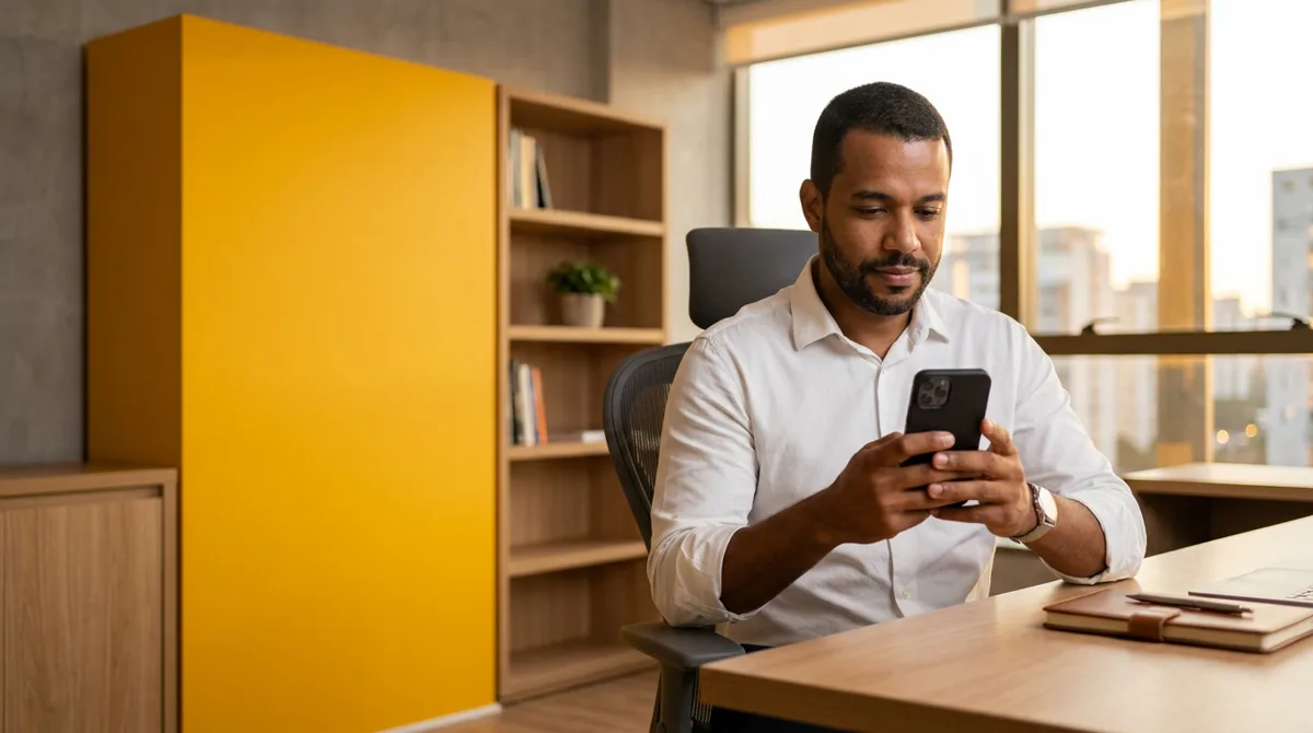 Empresário respondendo mensagens de clientes no celular ao fim do dia