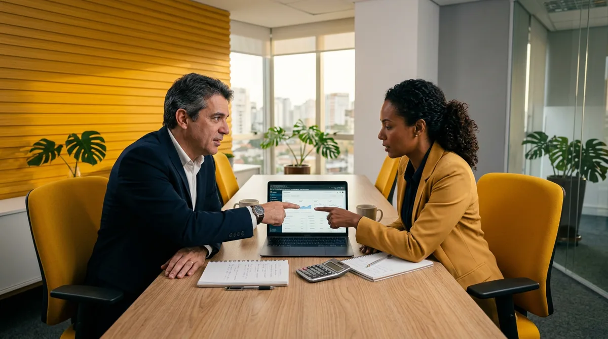Empresário e gestora analisando no notebook quanto custa anunciar no Google para a empresa
