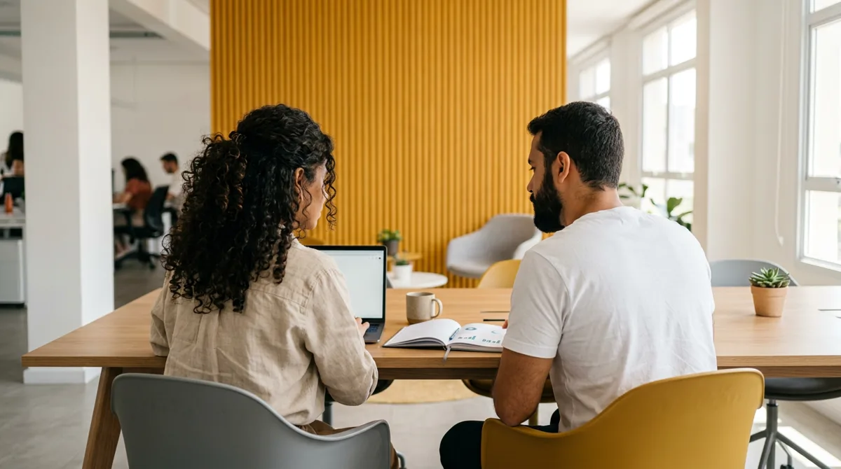Empresários analisando campanhas de remarketing no notebook em escritório moderno