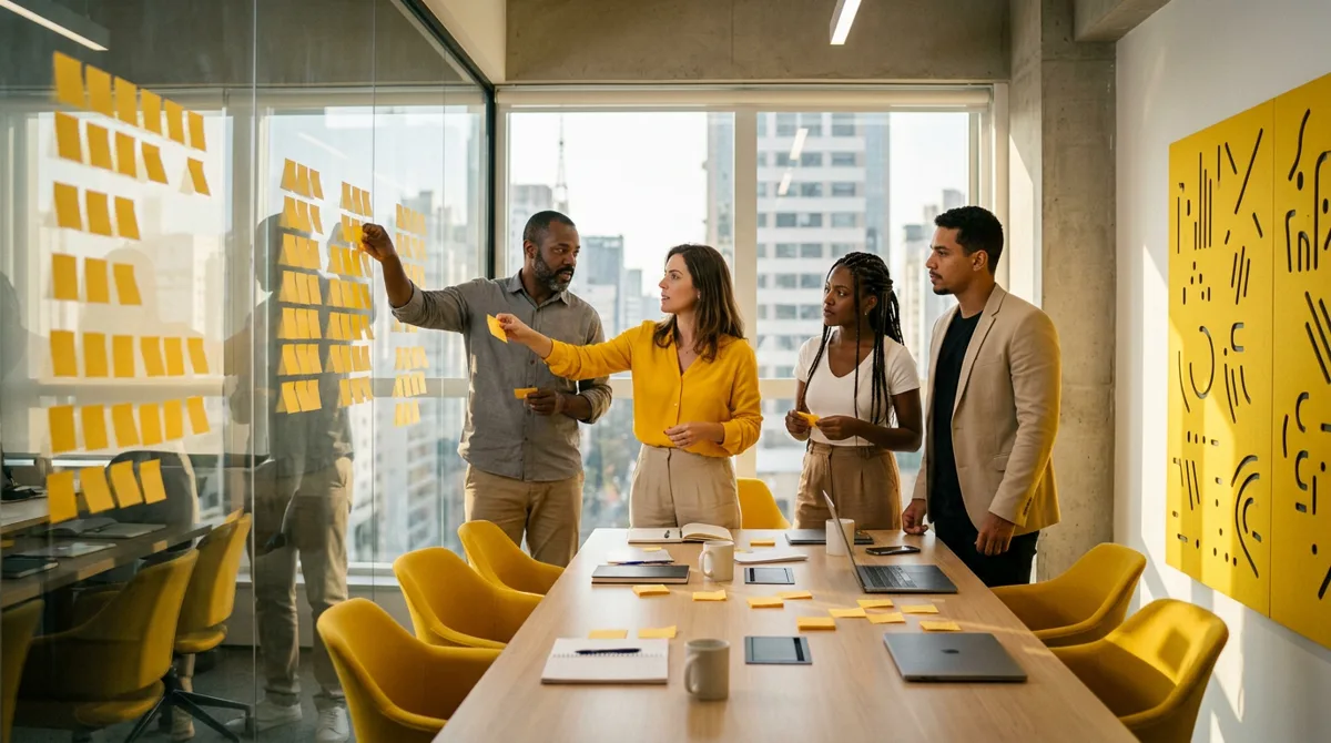 Empresários em workshop de branding organizando post-its para definir a história e o arquétipo da marca
