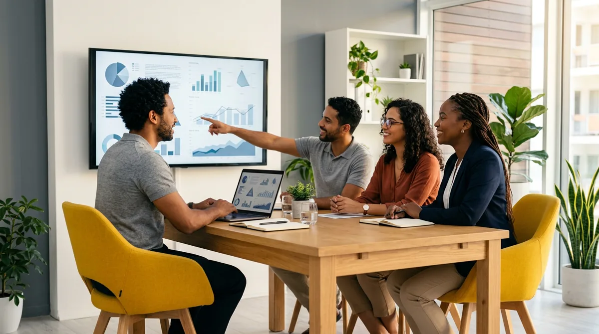Equipe analisando métricas de atendimento em monitor no escritório