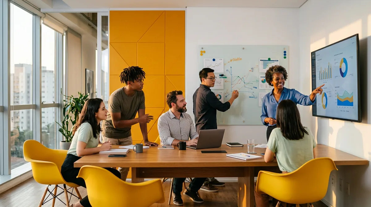 Equipe de uma empresa analisa metas e indicadores em reunião de planejamento no escritório