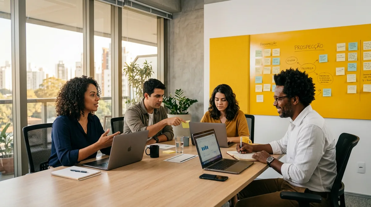 Equipe comercial reunida em escritório moderno planejando estratégias de prospecção de clientes