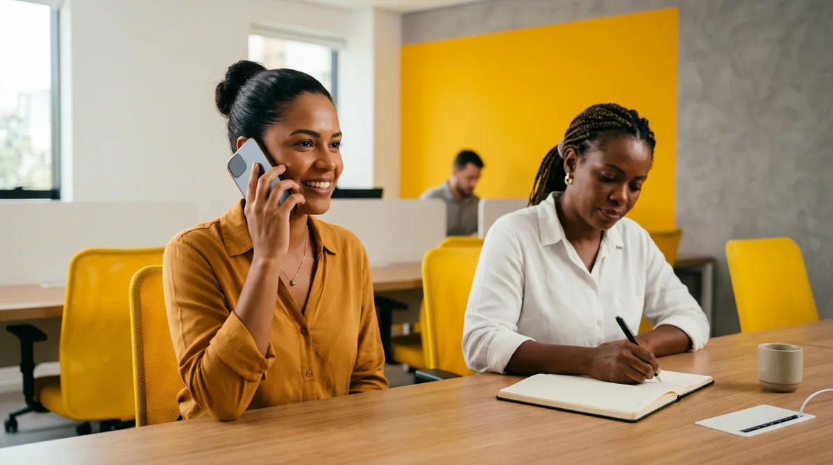 Equipe de atendimento responde clientes pelo celular e organiza anotações