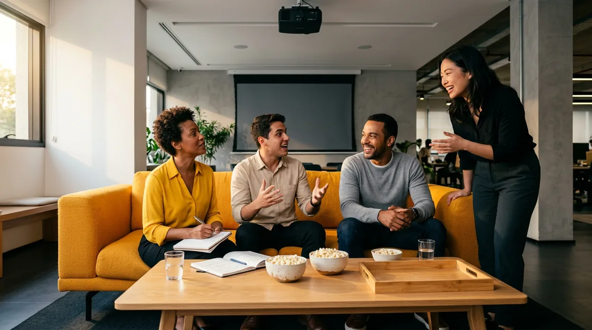 Equipe conversa sobre as lições de um filme logo depois de uma sessão de cinema na empresa