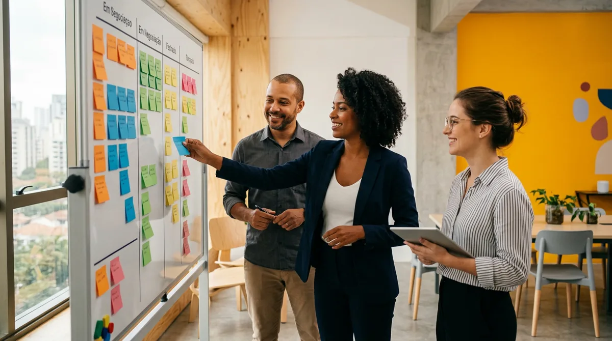 Equipe comercial organizando as etapas do funil de vendas em um quadro de cartões no escritório