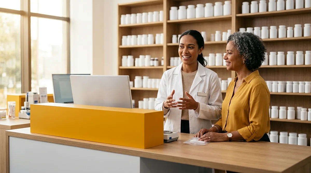 Farmacêutica atendendo cliente no balcão de uma farmácia de manipulação moderna
