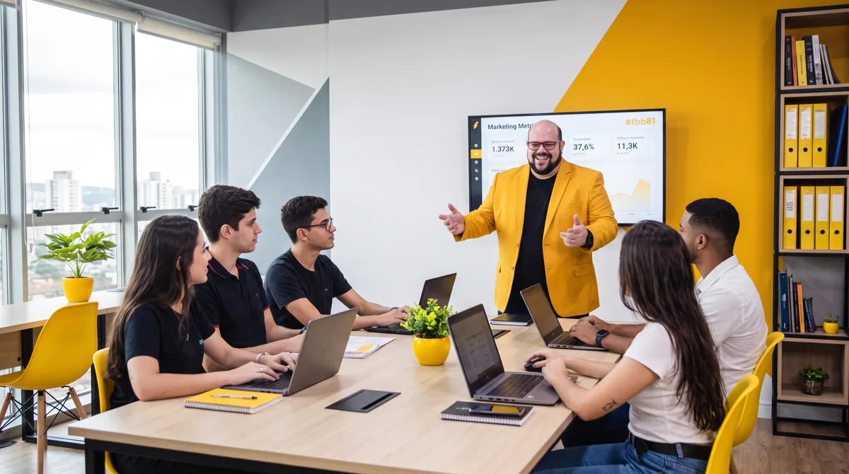 Flávio de blazer amarelo apresenta diante de TV com dashboard de métricas para equipe com notebooks