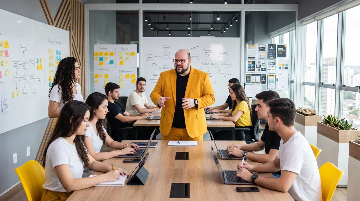 Flávio Sabugo, de terno amarelo, apresenta em pé diante de um quadro branco com fluxos e post-its, com a equipe sentada ao redor da mesa com notebooks
