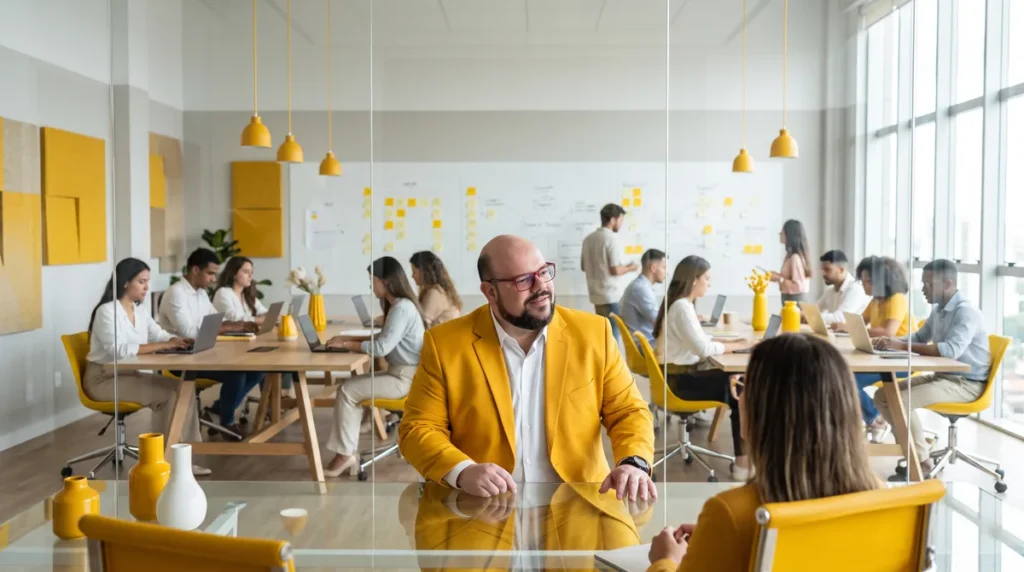 Flávio de blazer amarelo conversa com uma cliente em mesa de vidro, com a equipe trabalhando ao fundo