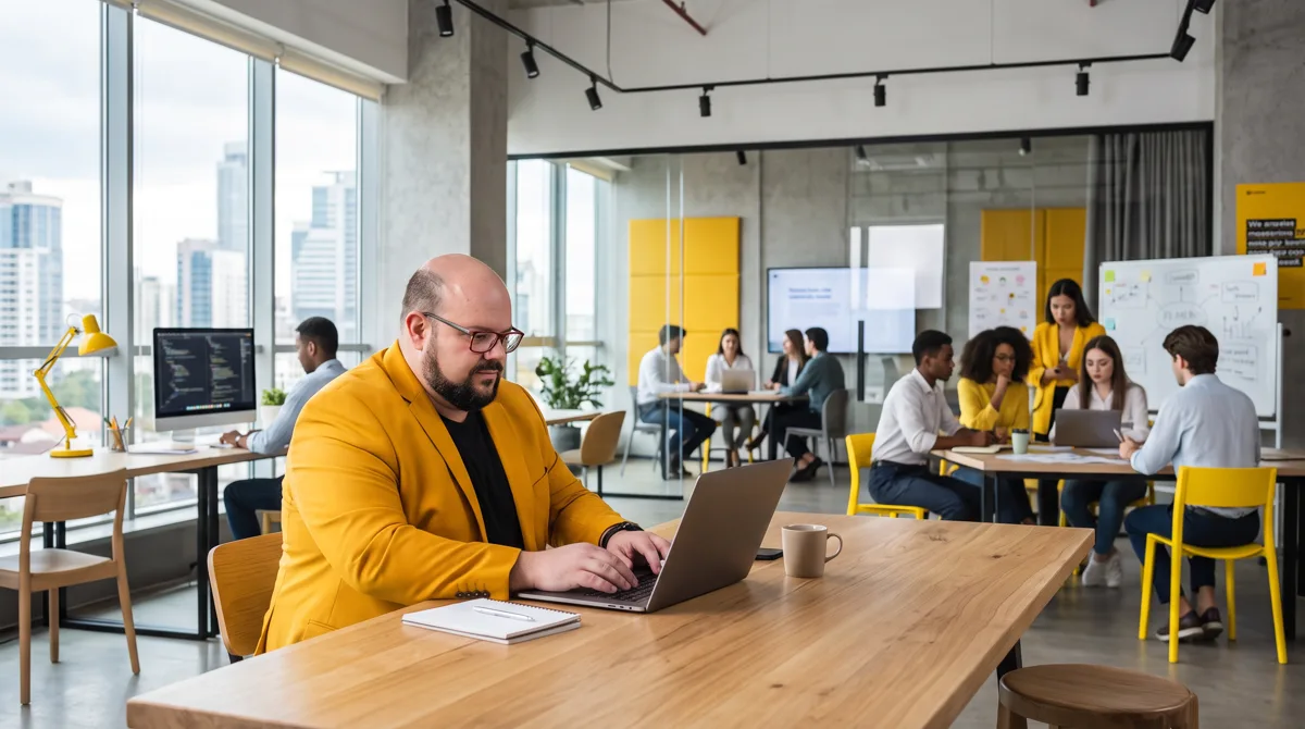 Flávio de blazer amarelo trabalha no notebook em mesa de madeira, com a equipe em reunião ao fundo