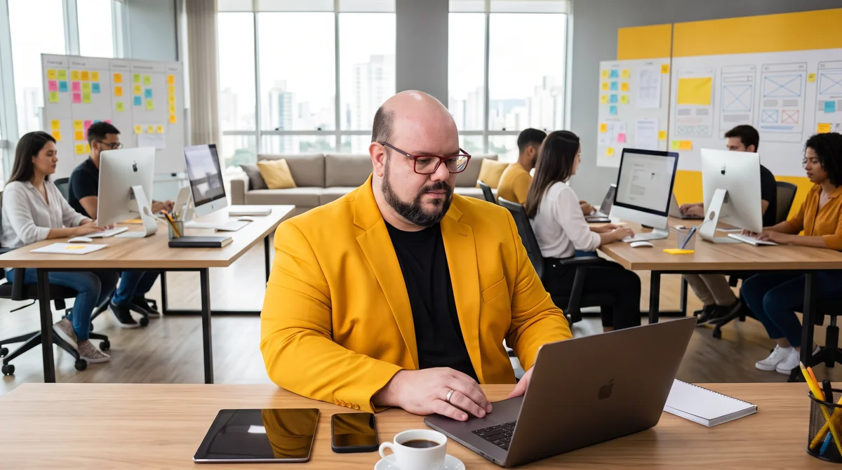 Flávio de blazer amarelo digita no MacBook com café, tablet e celular; equipe em iMacs e quadros de post-its