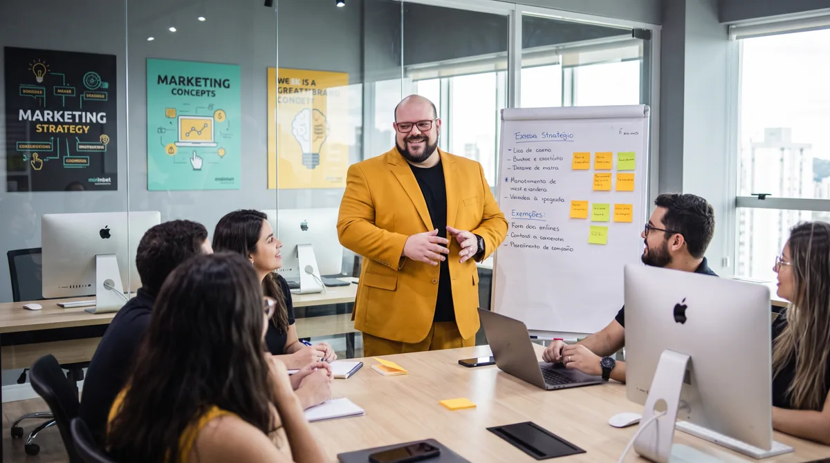 Flávio Sabugo, de terno amarelo, explica um plano escrito em um flipchart com post-its para a equipe sentada com notebooks