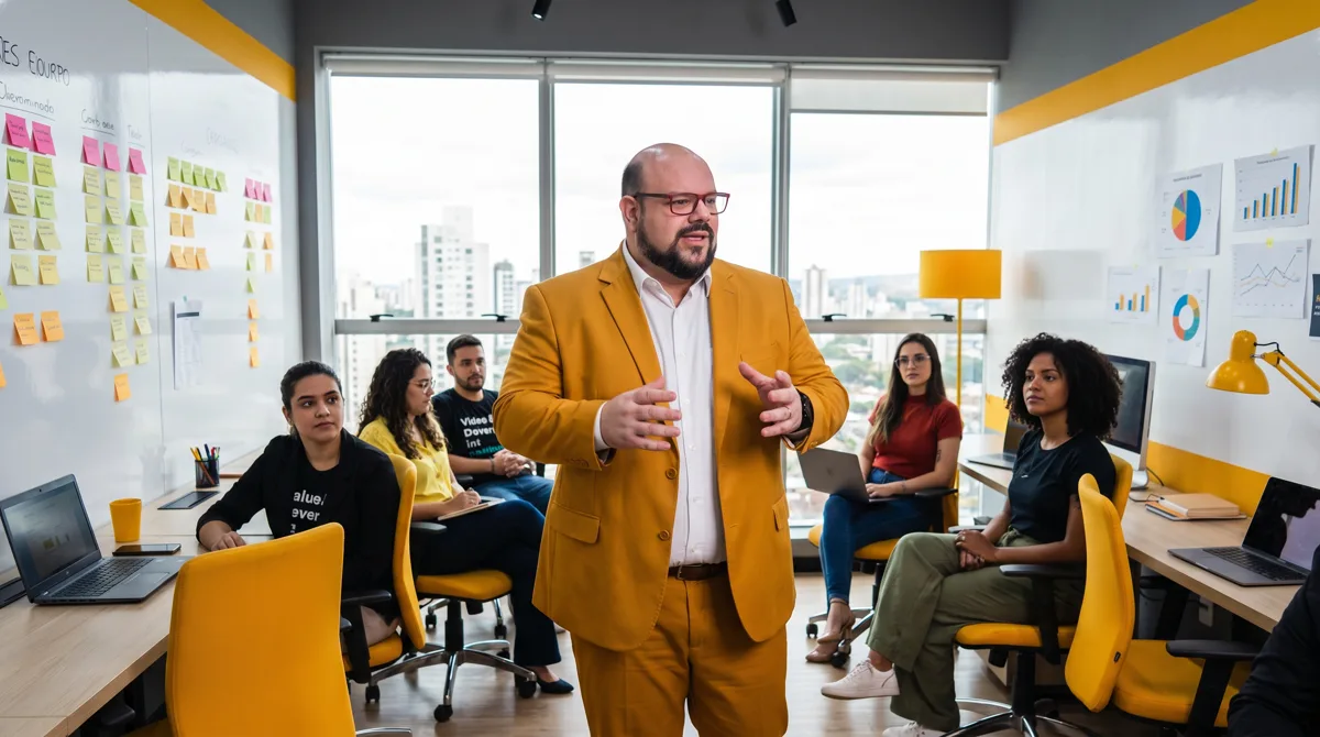 Flávio Sabugo, de terno amarelo, apresenta em pé para uma equipe sentada em uma sala de reuniões com vista para a cidade