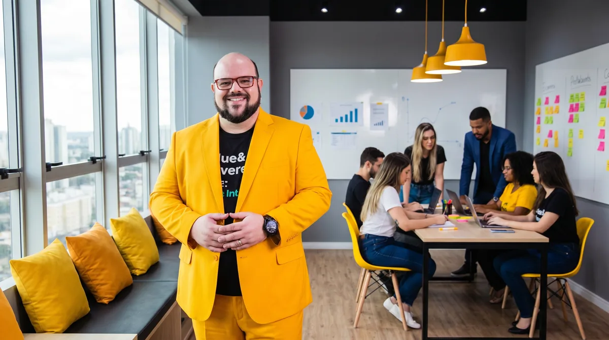 Flávio Sabugo sorrindo de terno amarelo em um escritório moderno, com a equipe trabalhando ao fundo diante de um quadro com gráficos