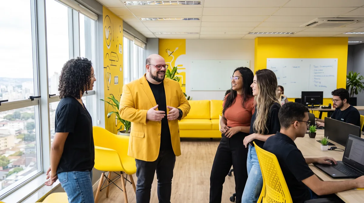 Flávio de blazer amarelo conversa sorrindo com a equipe em pé em escritório com paredes amarelas