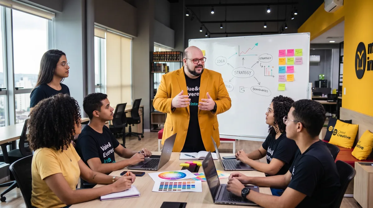 Flávio Sabugo, de terno amarelo, explica um diagrama de estratégia em um quadro branco para dois profissionais sentados com notebooks
