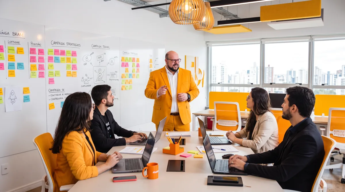 Flávio de terno amarelo e camisa branca gesticula para equipe à mesa; quadro de estratégias de campanha ao fundo