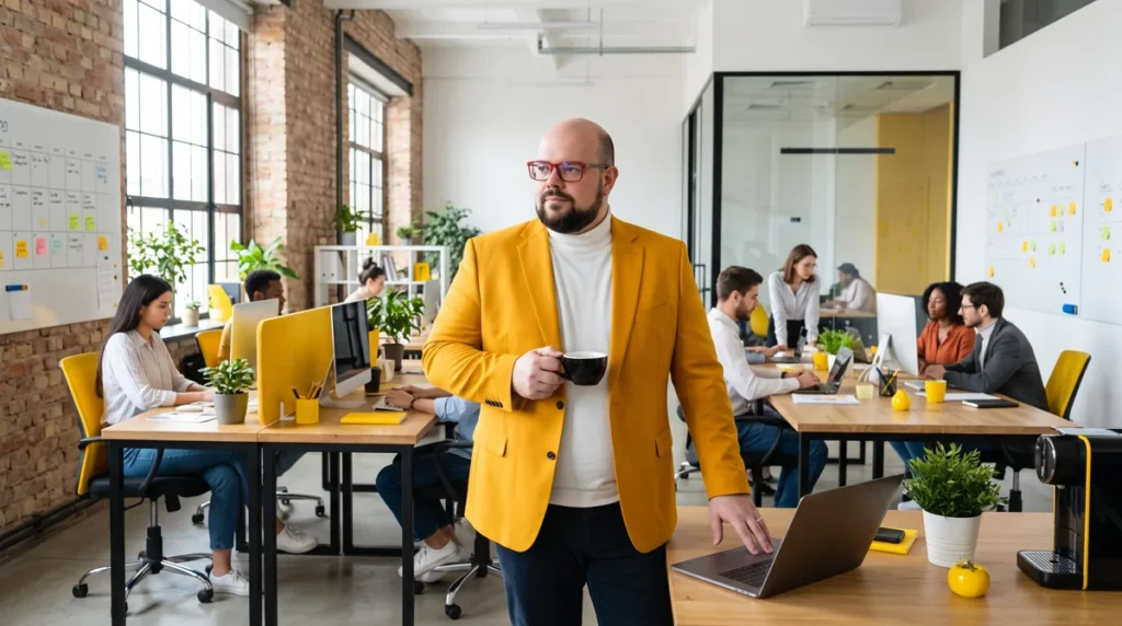 Flávio de blazer amarelo e gola alta branca com café, mão no notebook; escritório de tijolos com equipe