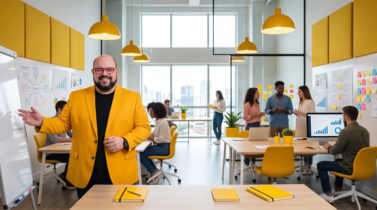 Flávio de blazer amarelo explica junto ao quadro branco, com a equipe trabalhando em computadores com gráficos ao fundo